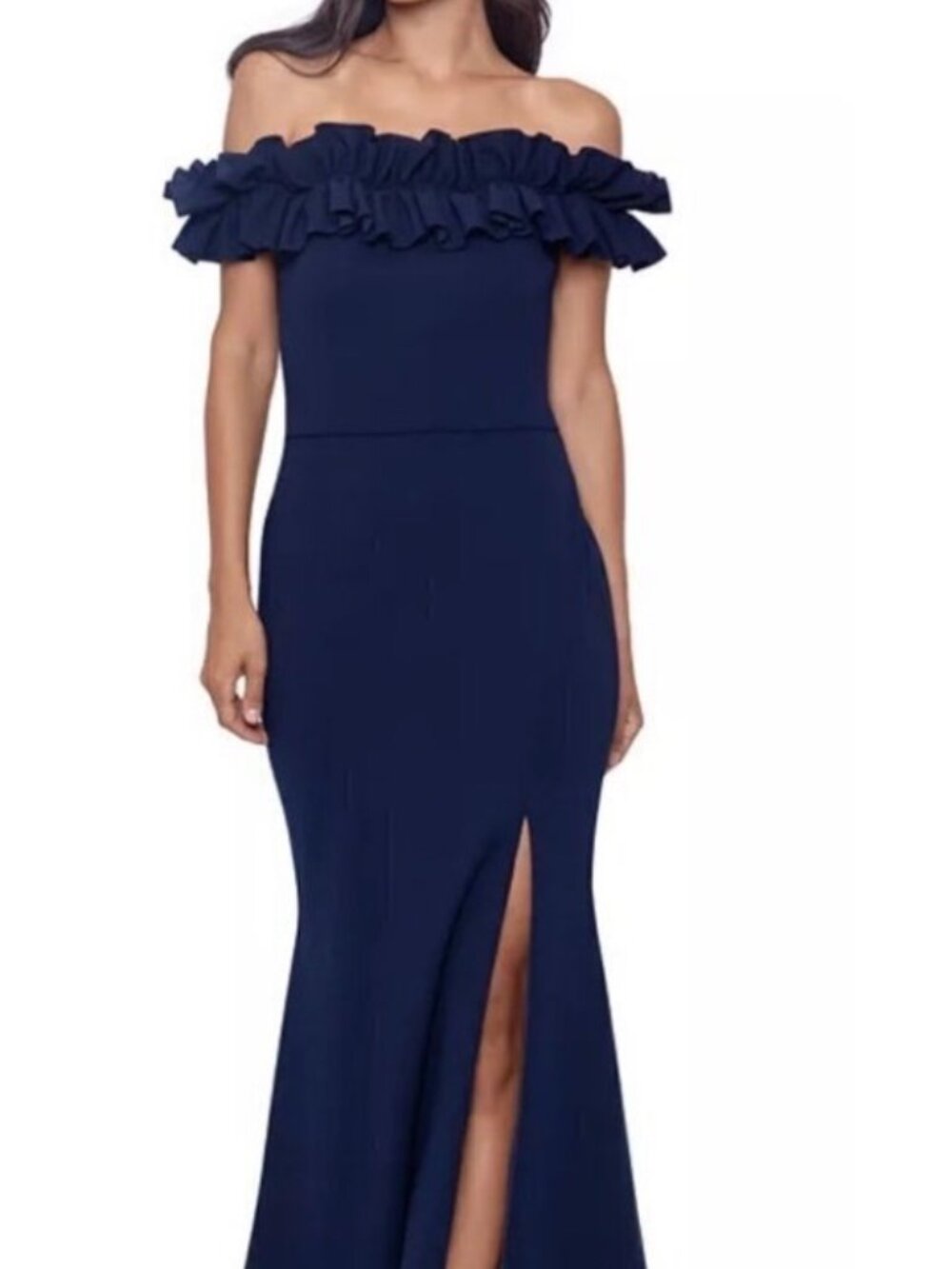 NWT Escape Scuba Crepe Ruffled Off Shoulder Gown in Navy Blue. Size 6